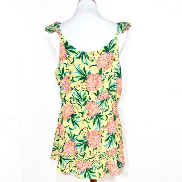 SOLD-Farm Rio Tropical Floral Ruffled Embroidered Peplum Yellow Pink Sleeveless - Picture 10 of 14